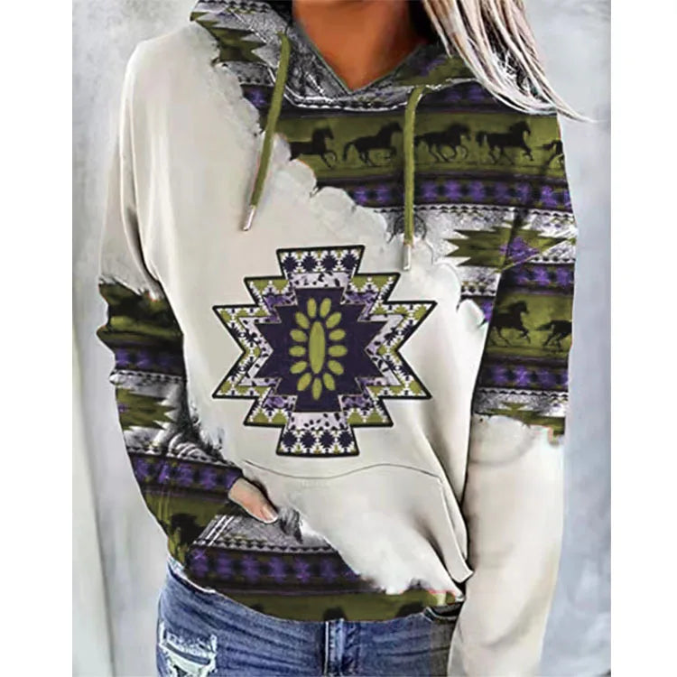 Sweatshirt Women's Hooded Ethnic Print Fashion Long Sleeve Sweatshirt Casual Street Top Hoodies for Female