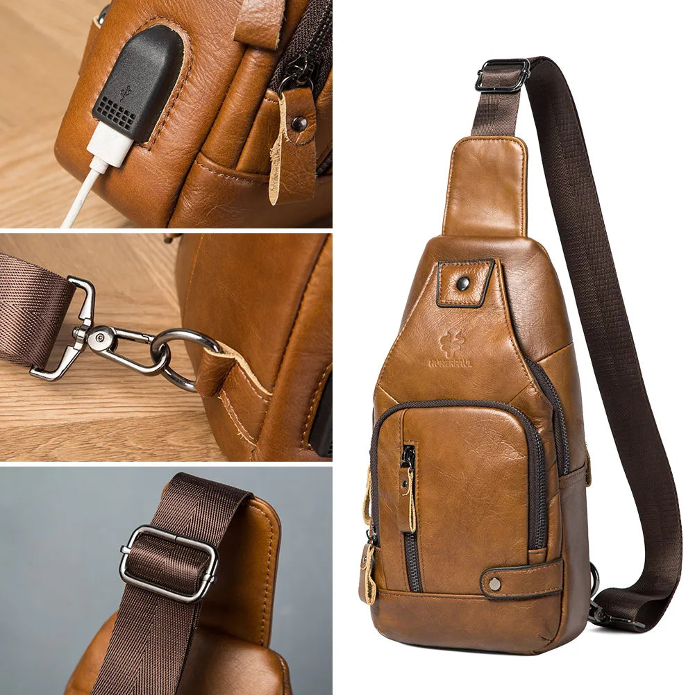 Men's Genuine Leather USB Chest Bag - Crossbody Messenger with USB Port | OWNLUXE