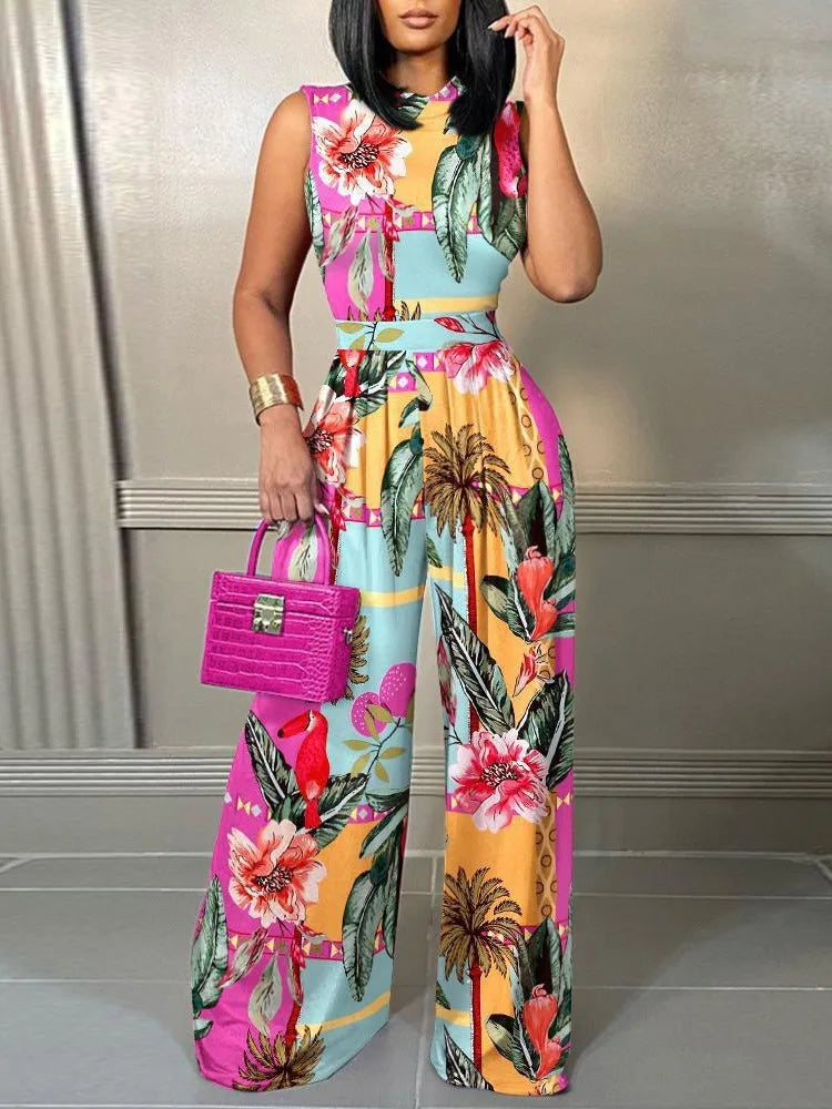 Wide-Leg Printed Sleeveless Jumpsuit | OWNLUXE