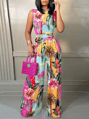 Wide-Leg Printed Sleeveless Jumpsuit | OWNLUXE