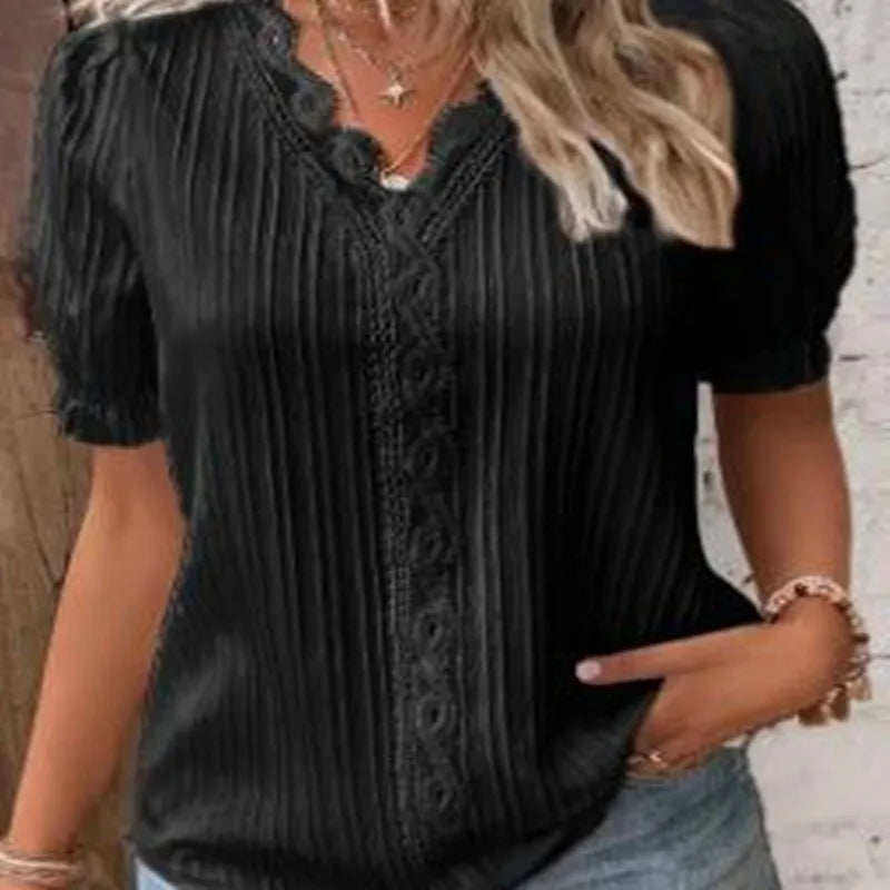 Women's Slim-Fit V-Neck Lace Blouse – Lightweight & Stylish for Summer