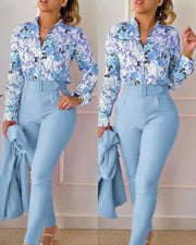 Elegant Print Shirt Pants Two Piece Set Long Sleeve High Waist | OWNLUXE