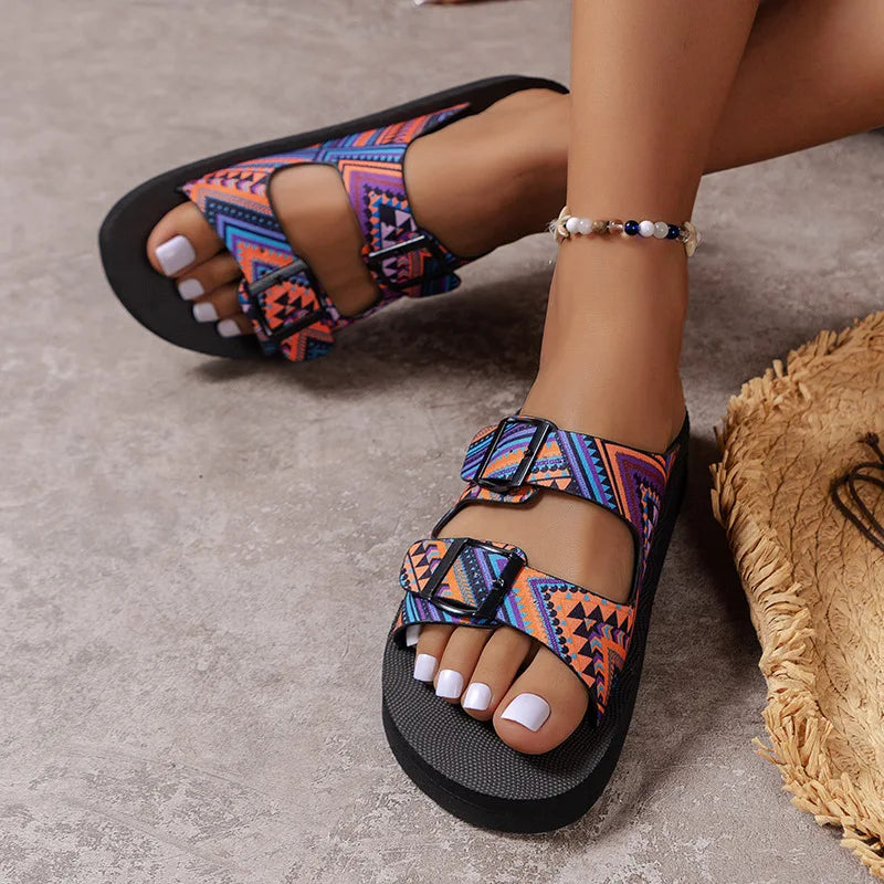 Women’s Buckle Slide Sandals – Lightweight Mixed Color Flats