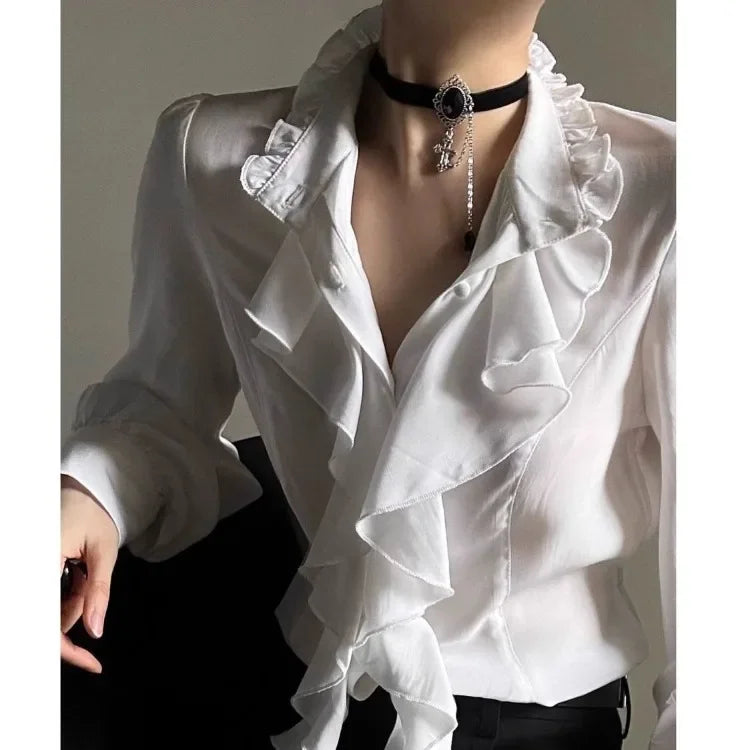 Harajuku Vintage Victorian Blouse - Ruffled Stand Collar Shirt