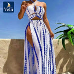 Load image into Gallery viewer, Vela Vikinis Sexy Blue 3 Piece Bikini Set with Padded Bra, High Waist Striped Bottoms &amp; Skirt Women&#39;s Swimsuit 2025

