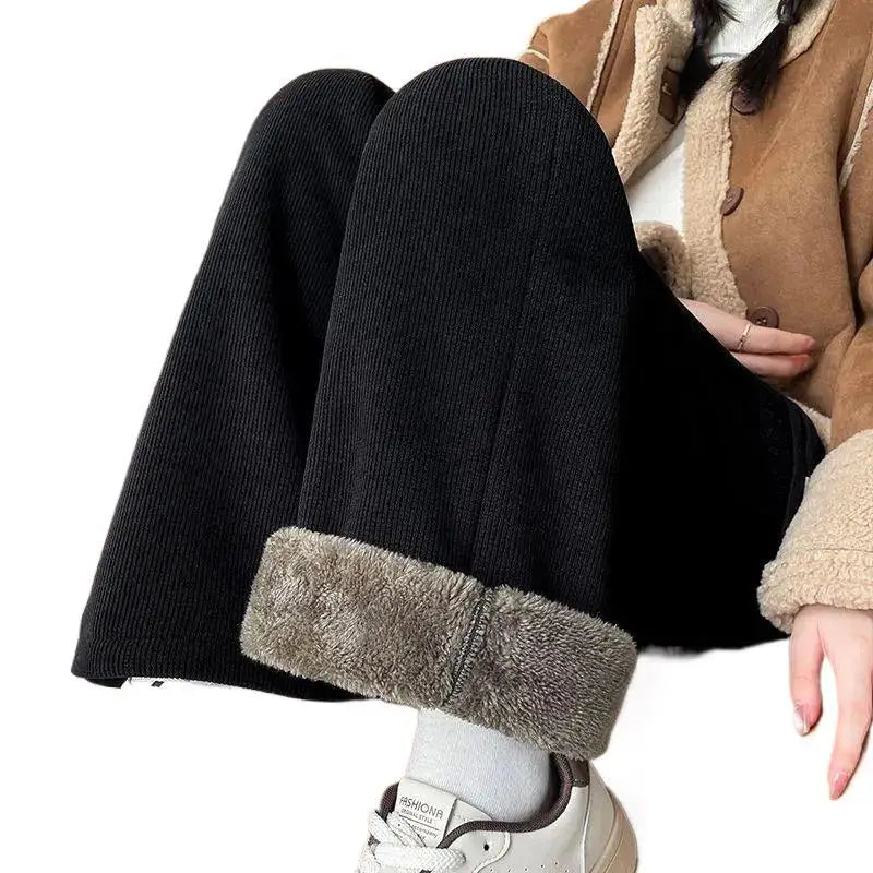 Women's Lamb Velvet Wide Leg Pants - Fleece Lined Winter Trousers