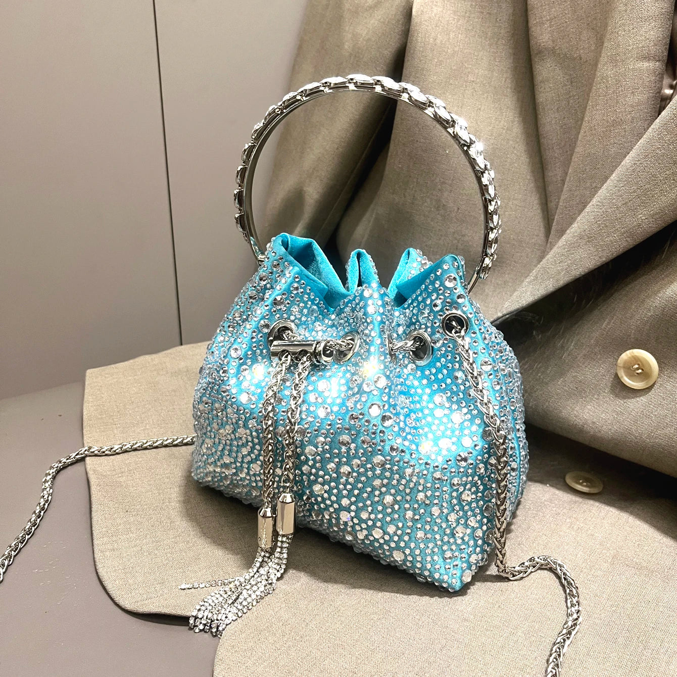 Crystal Bucket Evening Bag (Green Pink) | OWNLUXE