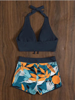 Load image into Gallery viewer, Fashion Printed Swimsuit Women Spliced Lace Up Sporty Surfing Bikini Set Bathing Suit Beachwear Swimwear Female Swimming Suits
