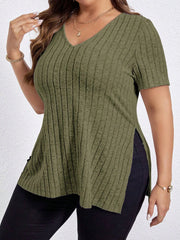 Plus Size V‑Neck Knit Blouse – Long Sleeve Soft Stretch