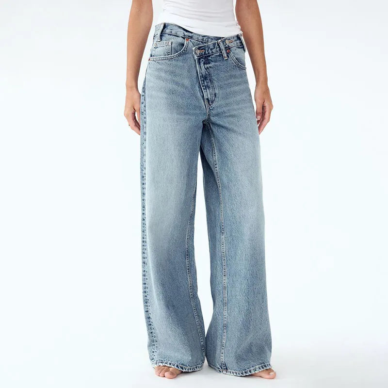 Wide Leg Jeans with Diagonal Buckle - Asymmetrical High Waist Denim
