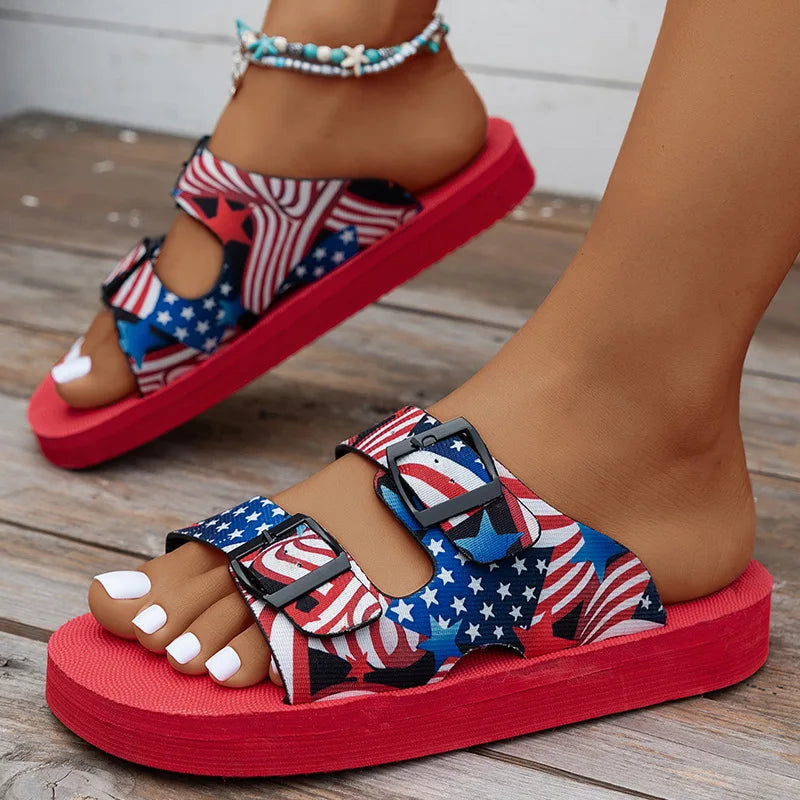 Women’s Buckle Slide Sandals – Lightweight Mixed Color Flats