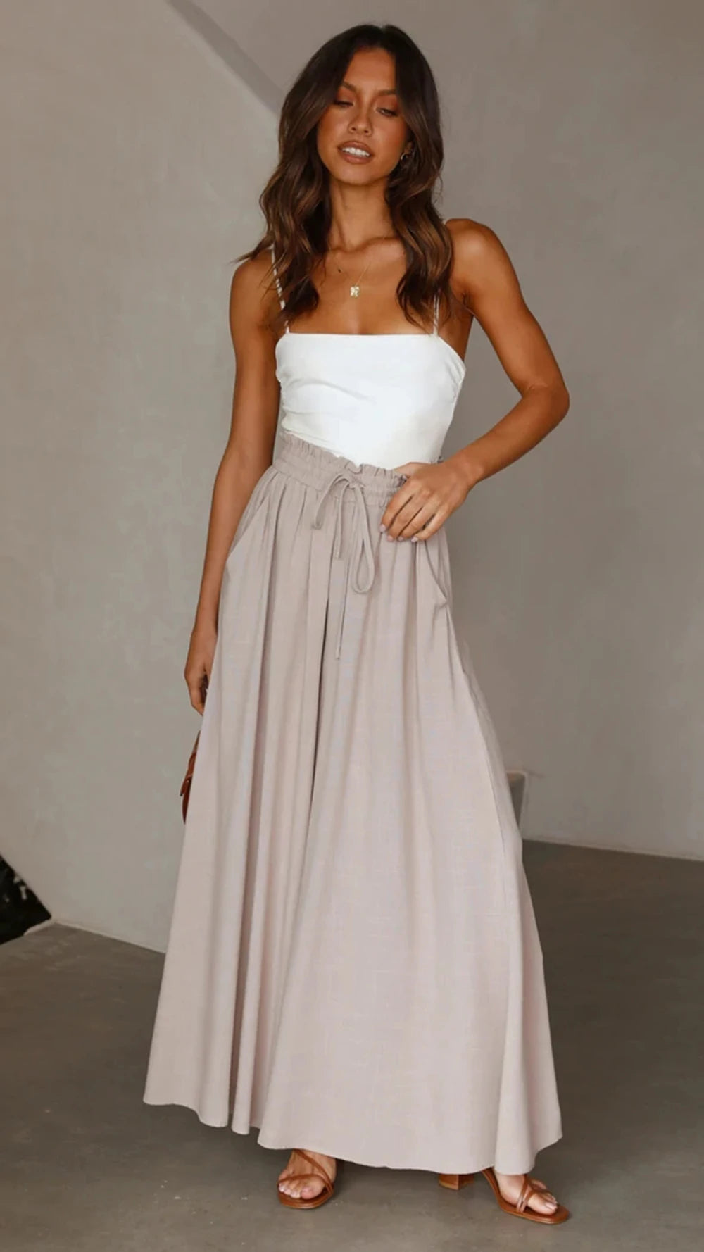 High Waist Wide Leg Pants - Elastic Waistband Summer Trousers