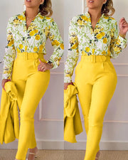 Elegant Print Shirt Pants Two Piece Set Long Sleeve High Waist | OWNLUXE