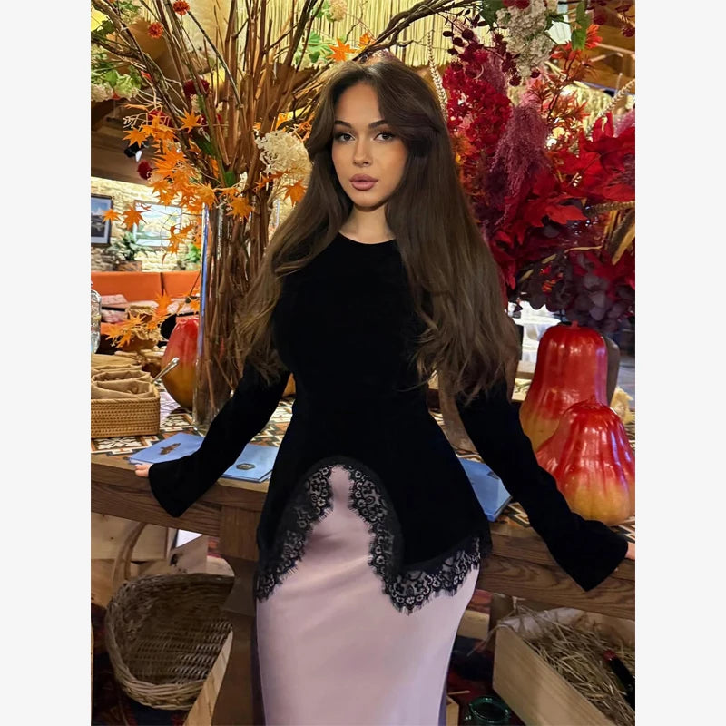 Sexy Black Lace Patchwork Slim Shirt Women Elegant Round Neck Long Sleeve Irregular Hem Top 2026 Lady Spring Autumn Chic Wear