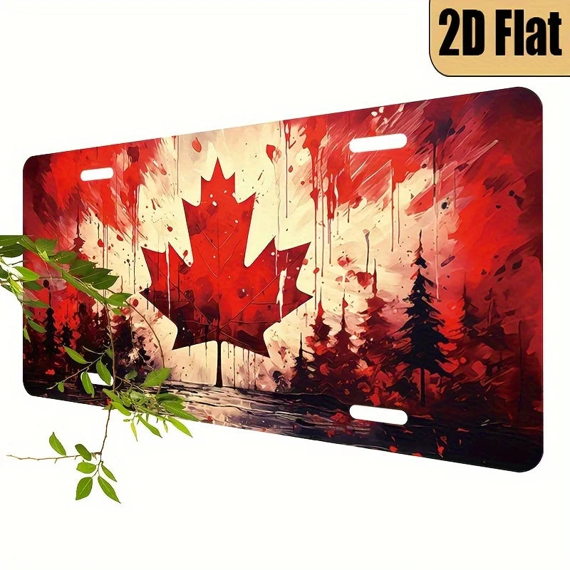2D Flat - Vintage Canadian Maple Leaf Aluminum Wall Plaque - Patriotic Red & Leaf Design with Green Pine Trees