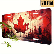 2D Flat - Vintage Canadian Maple Leaf Aluminum Wall Plaque - Patriotic Red & Leaf Design with Green Pine Trees