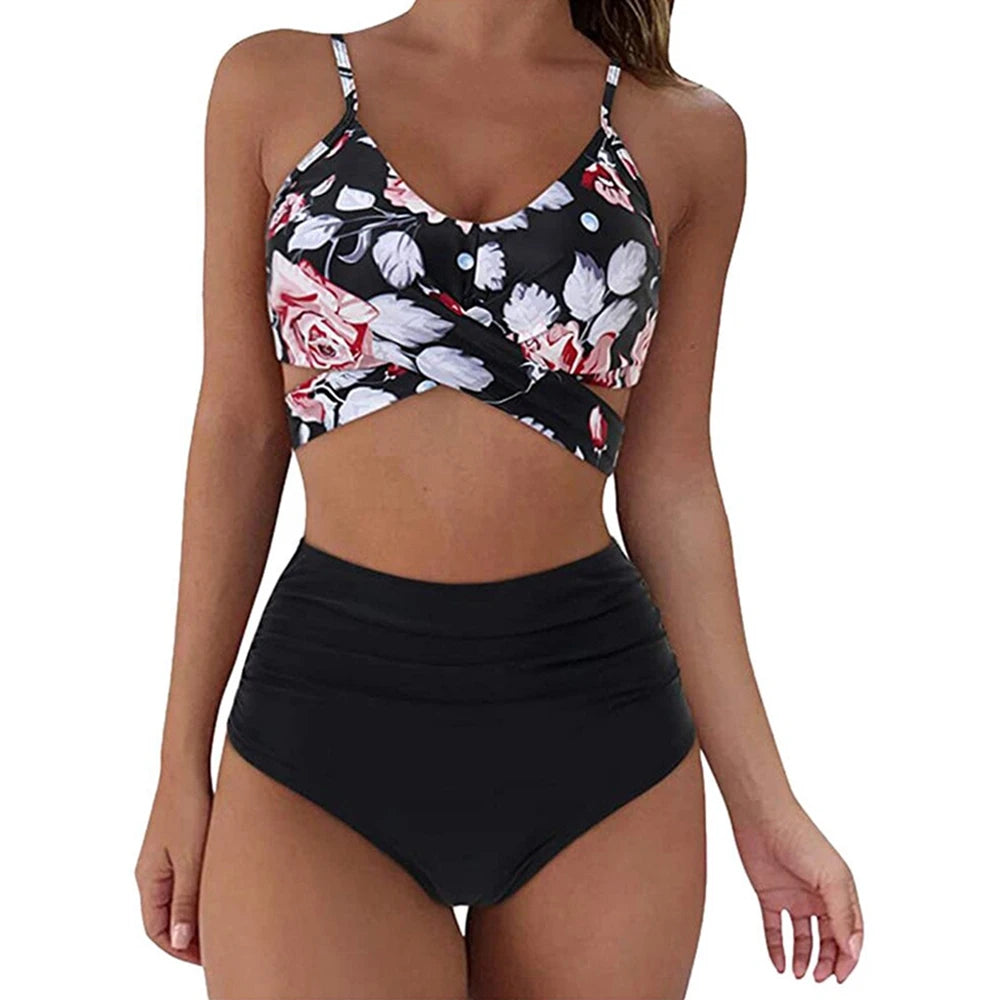 High-Waist Floral Ruched Bikini Set | OWNLUXE