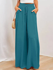 High Waist Wide Leg Pants - Elastic Waistband Summer Trousers