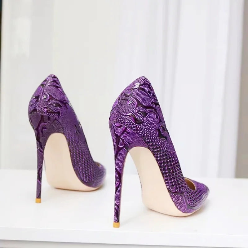 Purple Crocodile Embossed Stiletto Pumps – Pointed Toe Heels
