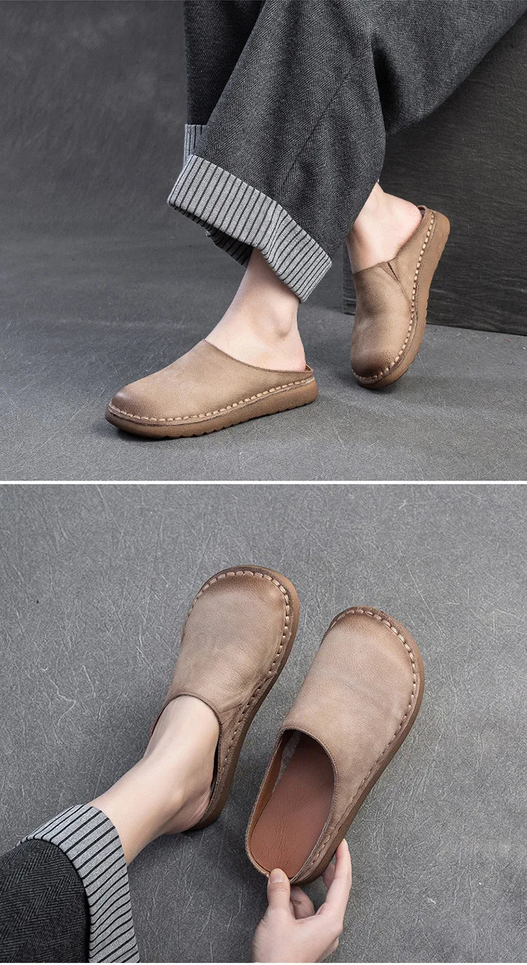 Genuine Leather Flat Slippers – Handmade Retro Women’s Mules