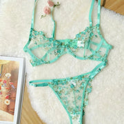 YUQI French Elegant Lingerie Set-Floral Embroidery Semi-Transparent Bra & Brief,Black Sensual Women's Underwear Luxury Intimates