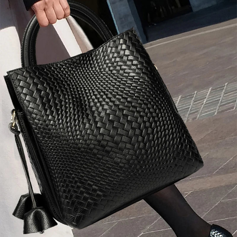 Cowhide Leather Woven Handbag | OWNLUXE