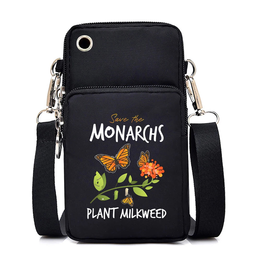 Mini Nylon Phone Crossbody Bag – Butterfly Print Neck Pouch with Zipper