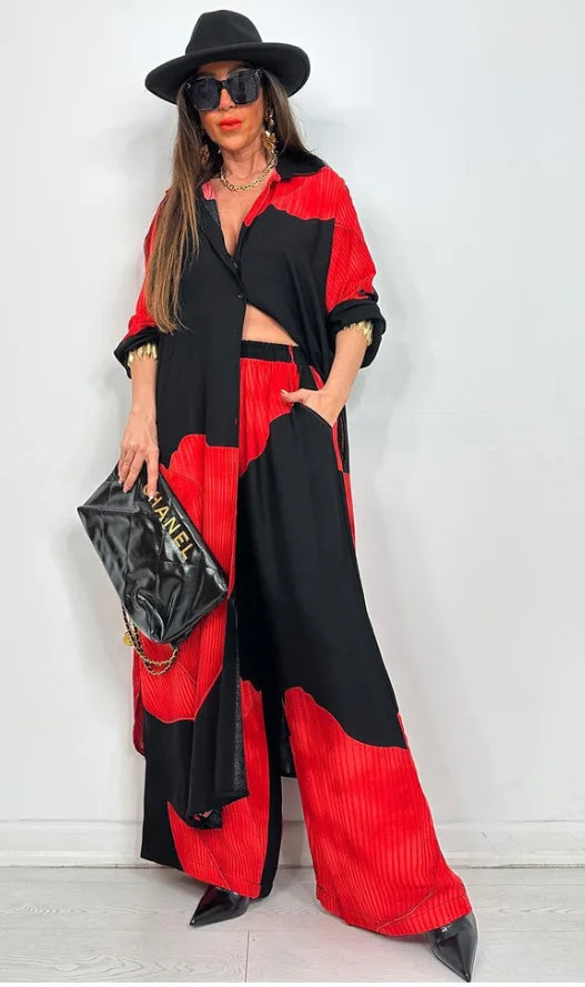 Women’s Printed Long Shirt & Pants Set – Loose Spring/Summer