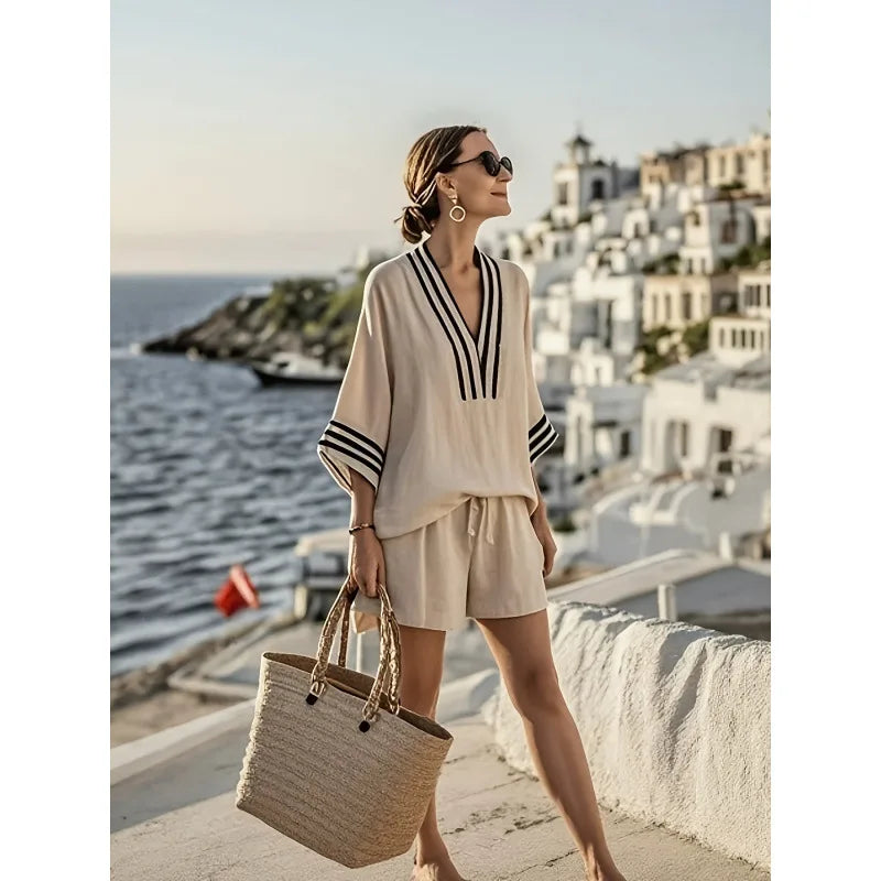 Women's Short Sleeve V-Neck Two Piece Shorts | OWNLUXE
