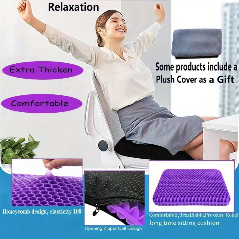 Breathable Gel Seat Cushion - 100% Honeycomb TPR with Protective Cover for Office, Car & Wheelchair