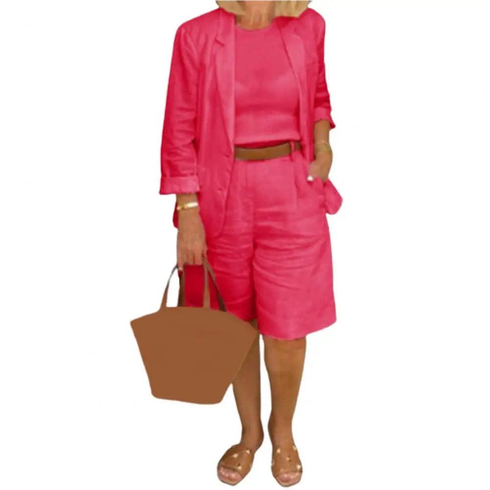 Classic Loose Fit Cotton Blend Outfit – Single-Breasted Coat & Elastic Waist Shorts