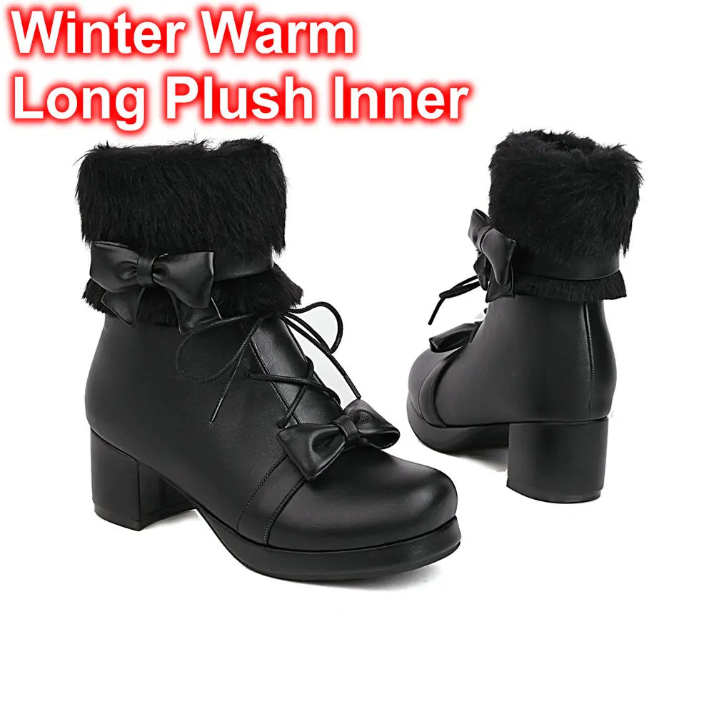 Vintage Lolita Ankle Boots – Warm Plush Lined Women's Style