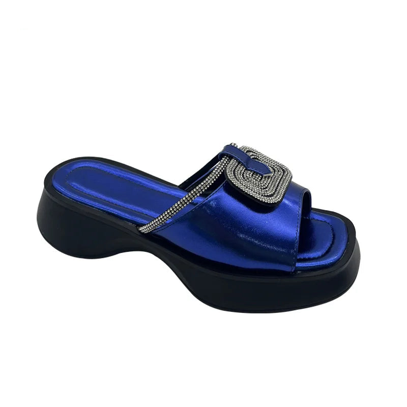 Women’s Mid Heel Slide Sandals – Cushioned Mixed-Color