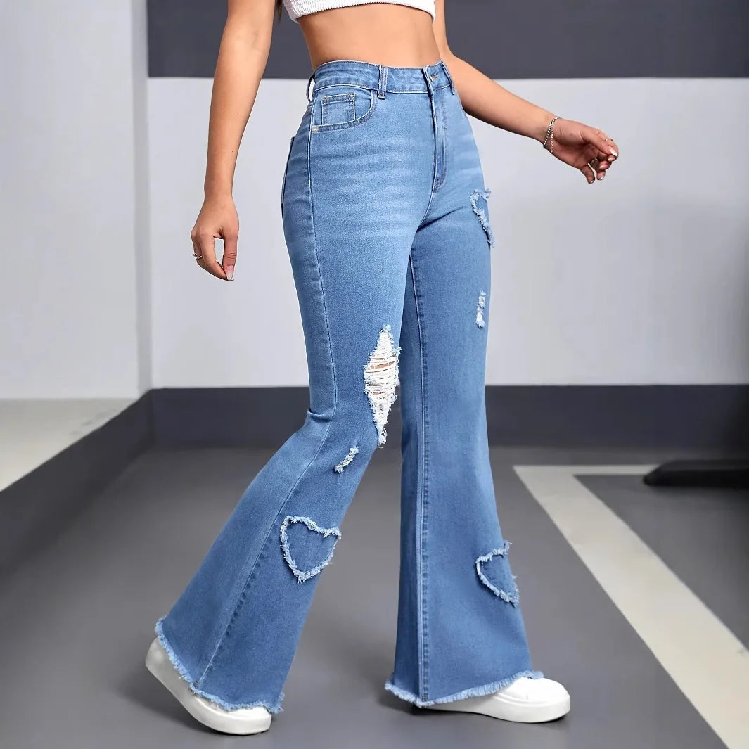 Denim Flared Jeans - High Waist Distressed Boot Cut Pants