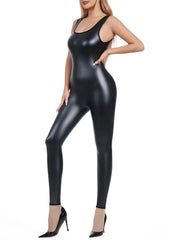Faux Leather Shaping Jumpsuit - Sleeveless Body Sculpting One-Piece