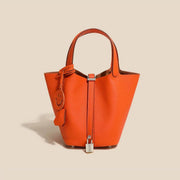 Genuine Cowhide Leather Bucket Bag - Fashion Lock Handbag with Phone Pocket | OWNLUXE