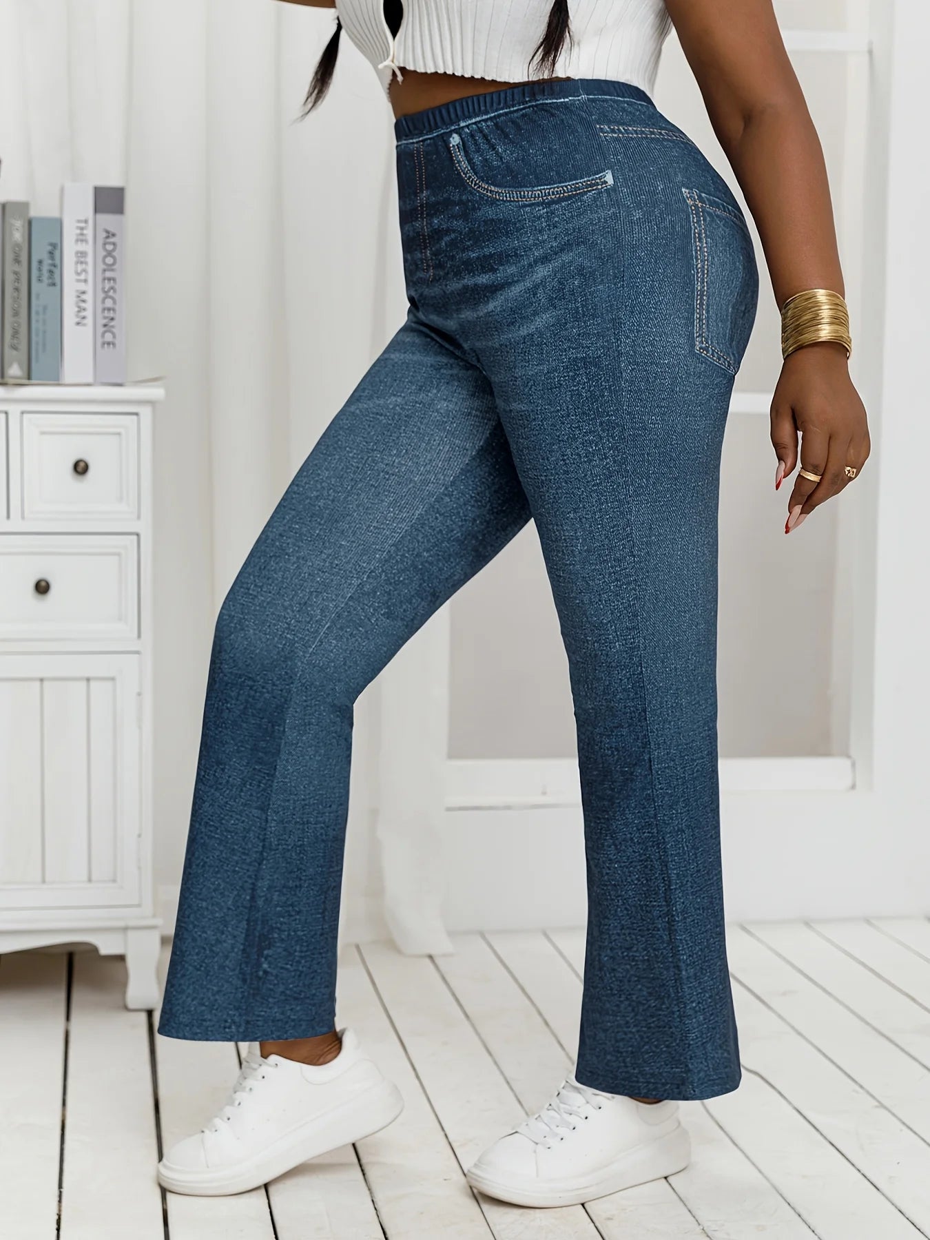 Women's Plus Size Denim Print Flared Pants - High Stretch Slimming Trousers