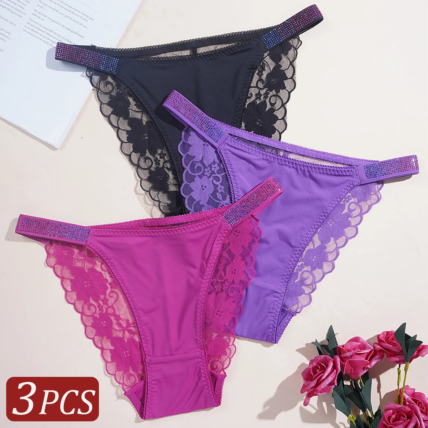 3-Piece Floral Lace Brief Set with Belt Detail | OWNLUXE