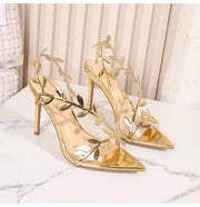 Gold Leaf Gladiator Stiletto Sandals with Pointed Toe