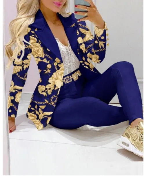 Spring Autumn Fashion Blazers Pant Sets Long Sleeve Print Coat Two Piece | OWNLUXE