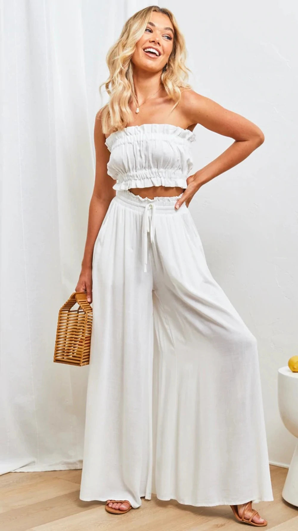 High Waist Wide Leg Pants - Elastic Waistband Summer Trousers