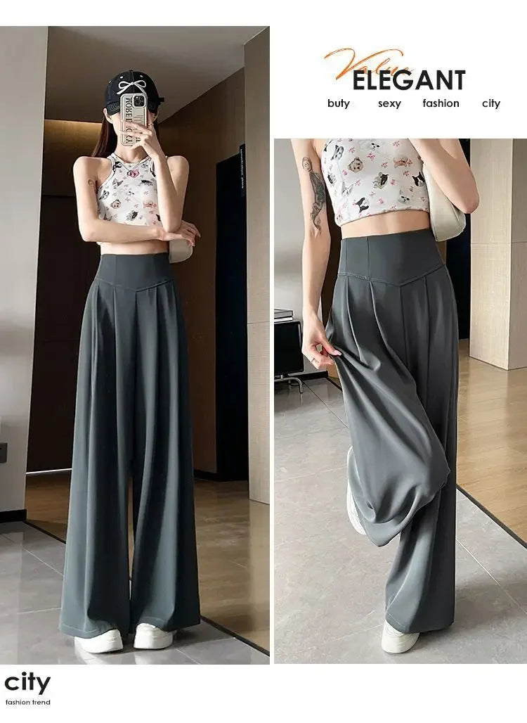 Women's High Waist Wide Leg Suit Pants - Straight Cut Floor Length Trousers