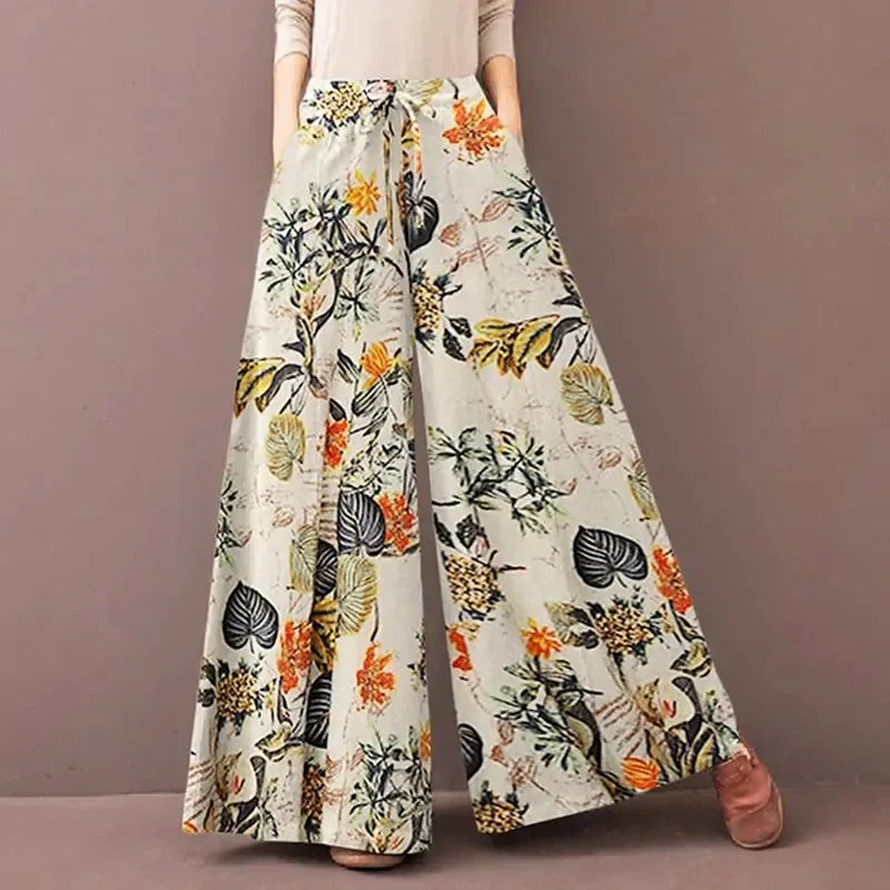 Women's Floral Print Wide Leg Pants - Bohemian Drawstring Trousers