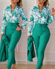 Elegant Print Shirt Pants Two Piece Set Long Sleeve High Waist | OWNLUXE