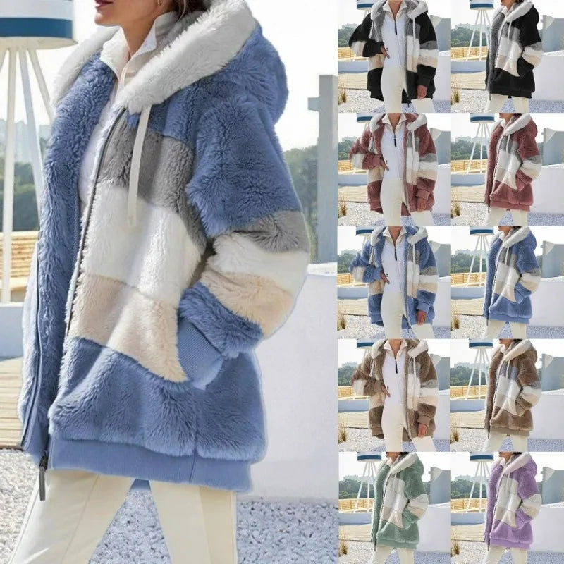 Women's Plush Hooded Jacket – Warm & Stylish Streetwear for Autumn/Winter