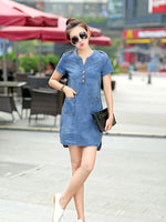 Load image into Gallery viewer, A-Line Mini Dress with V-Neck &amp; Empire Waist - Denim Dress with Pockets

