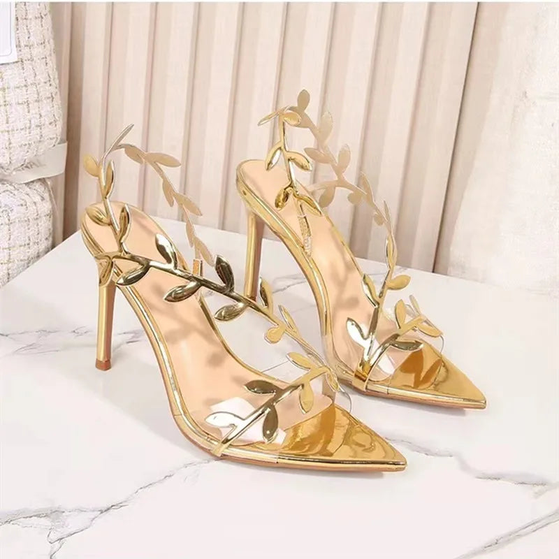 Gold Leaf Gladiator Stiletto Sandals with Pointed Toe