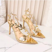 Gold Leaf Gladiator Stiletto Sandals with Pointed Toe