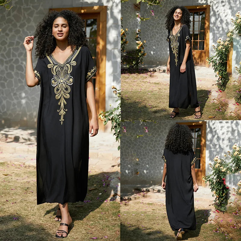 Embroidered V-Neck Short-Sleeve Swim Cover-Up | OWNLUXE