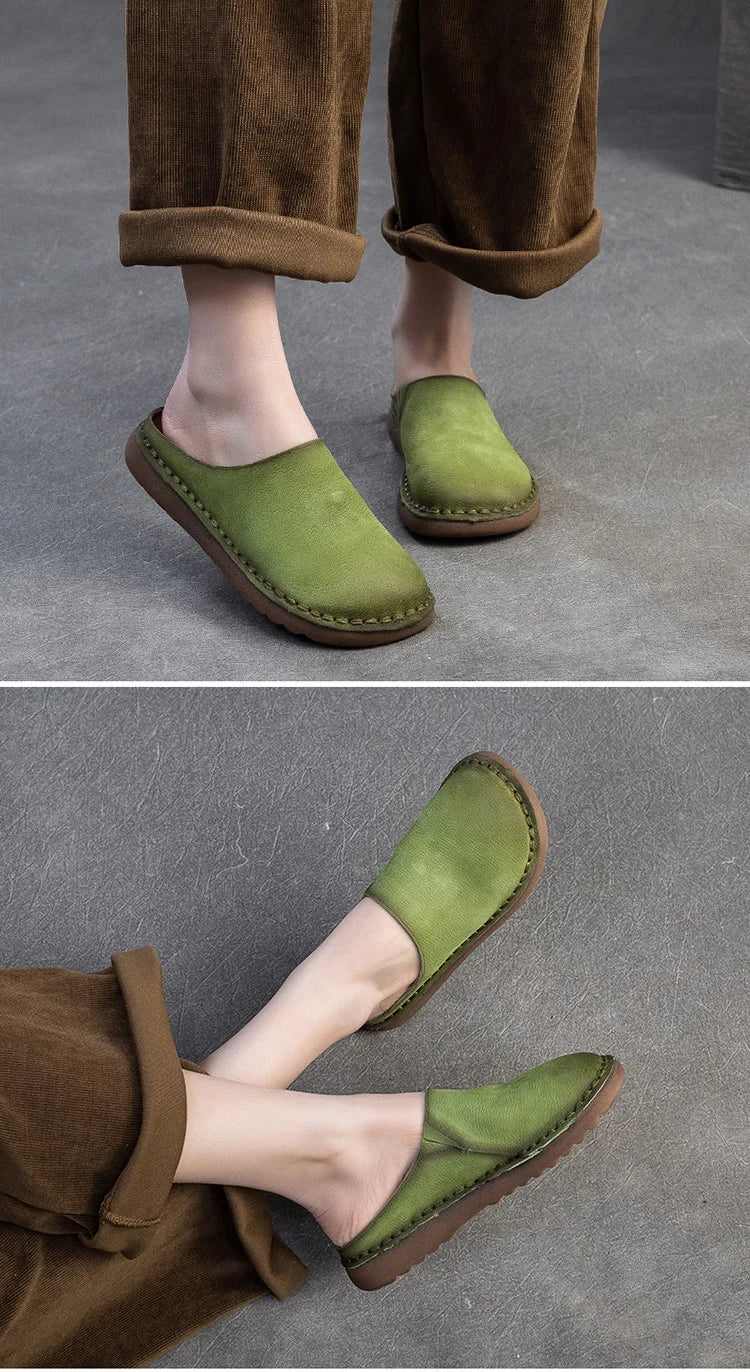 Genuine Leather Flat Slippers – Handmade Retro Women’s Mules